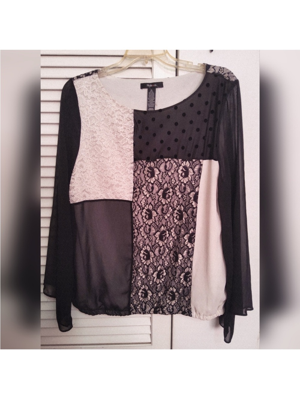 Style & Co. Black and Cream Patchwork Lace & Chiffon Blouse